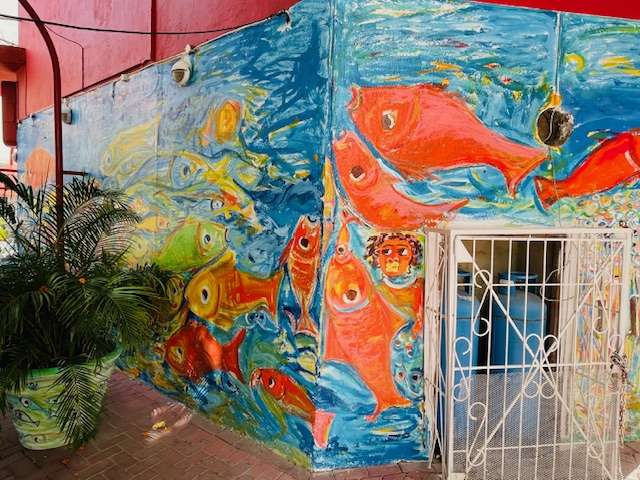 Wall art of various fish and a person observing them on the side of a building with a white iron fence in Curacao